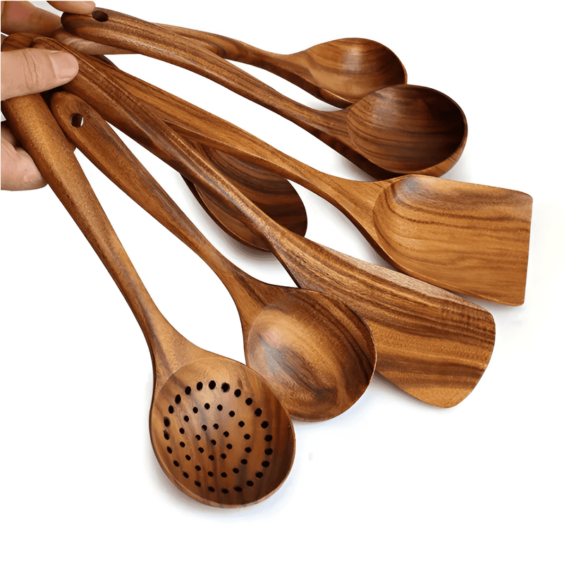 Kit Utensílios de Cozinha - 7 Peças de Madeira 100% Natural