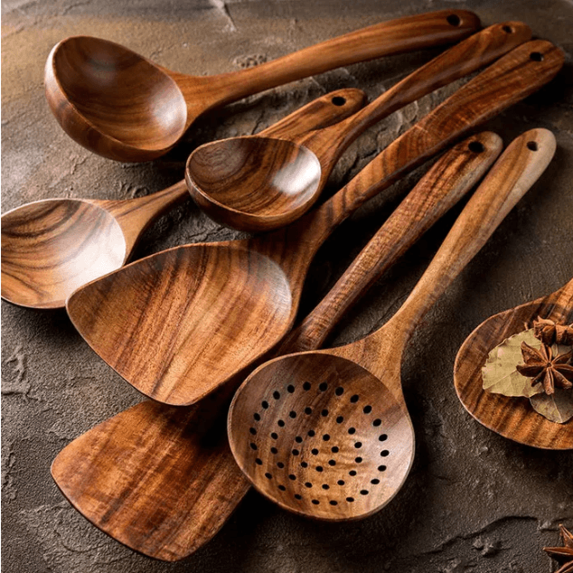 Kit Utensílios de Cozinha - 7 Peças de Madeira 100% Natural