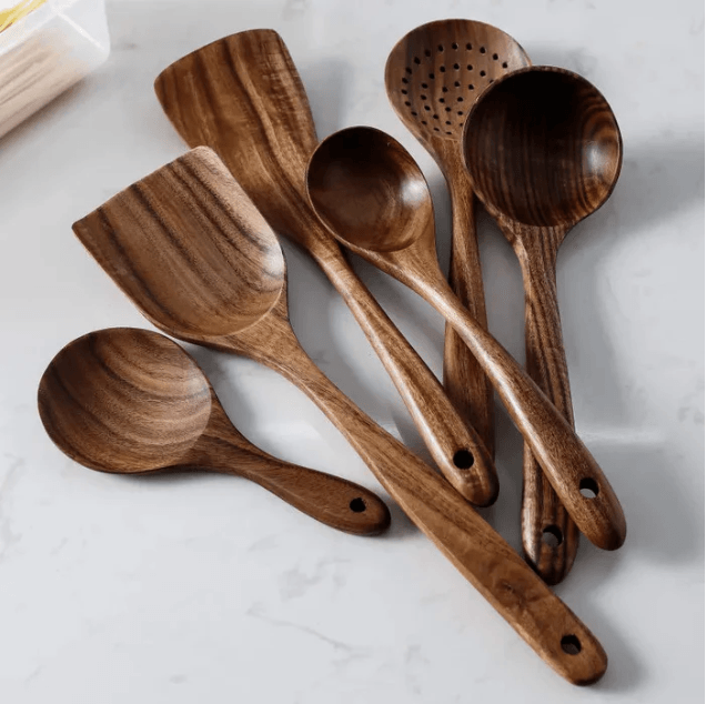 Kit Utensílios de Cozinha - 7 Peças de Madeira 100% Natural